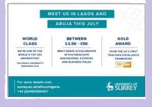Read more about the article University of Surrey UK  Admission Spree In Abuja & Lagos  July 2018